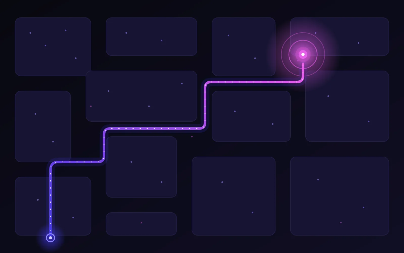 A dotted night route ending at a glowing destination