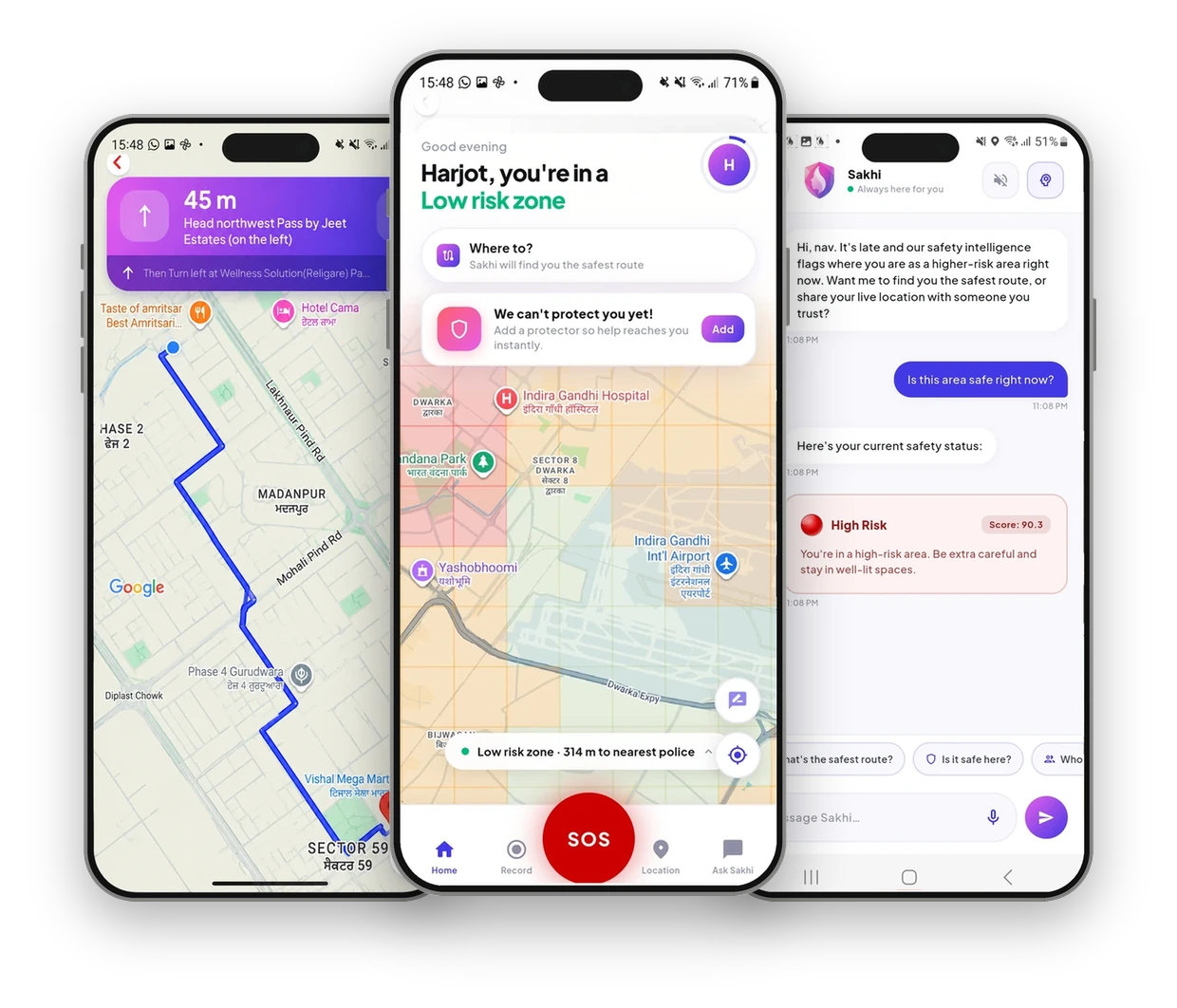 Sakhi app — navigation, hyperlocal safety intelligence, and Sakhi AI