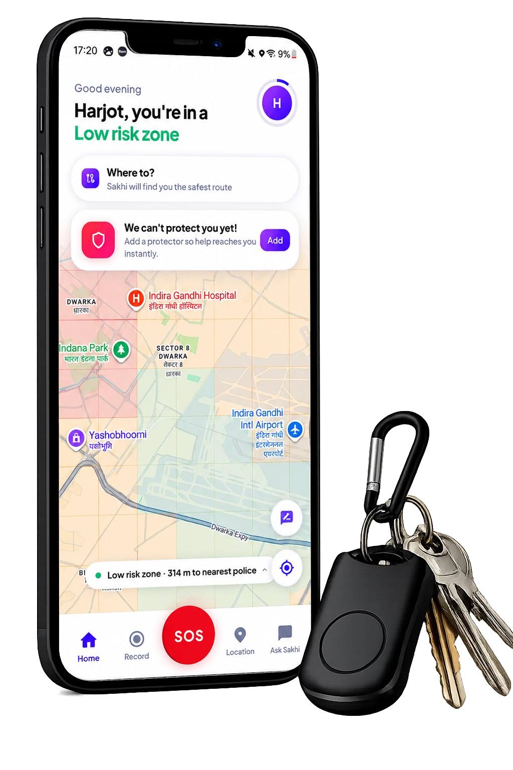 Sakhi safety system: app and clip-on device
